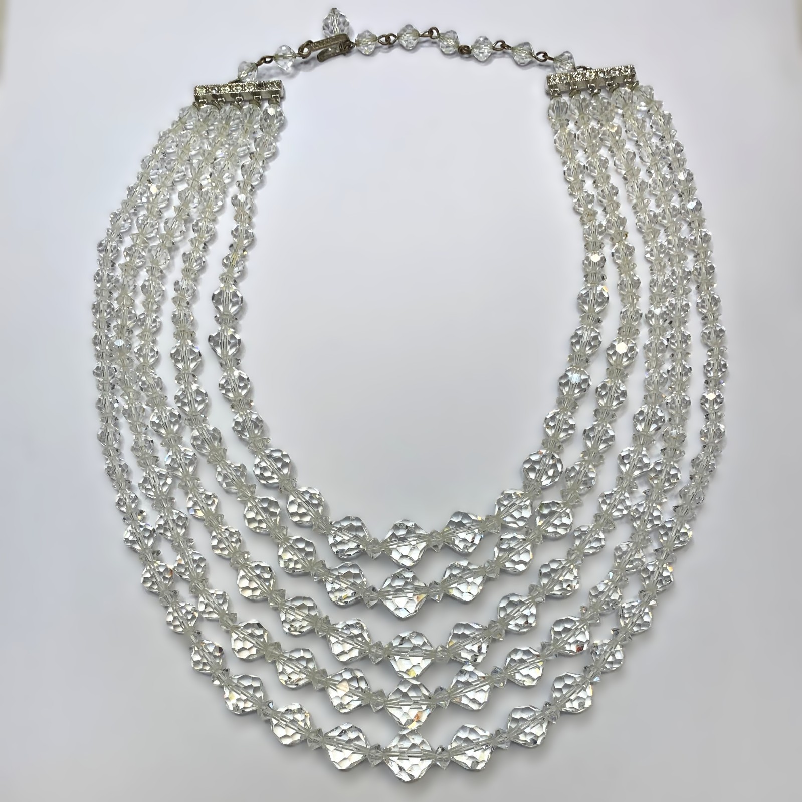 Vintage Laguna 5 Strand Graduated Clear Faceted Crystal Necklace 14.5” – 16.75”