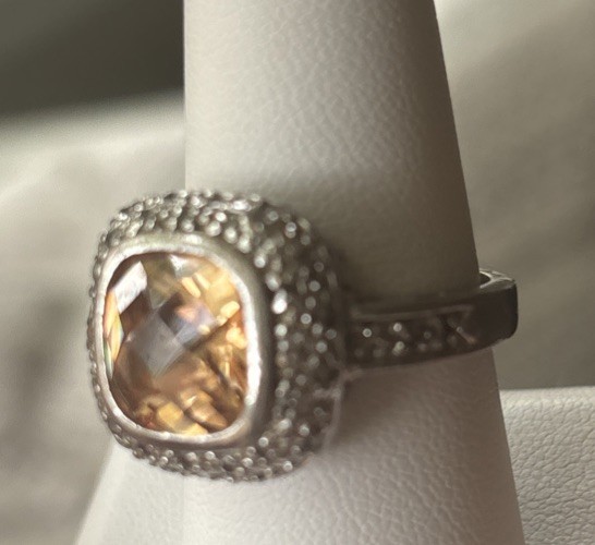 VTG Cushion Cut Citrine Halo Set W/ Rhinestones Silver Ring Size 8 Beauty