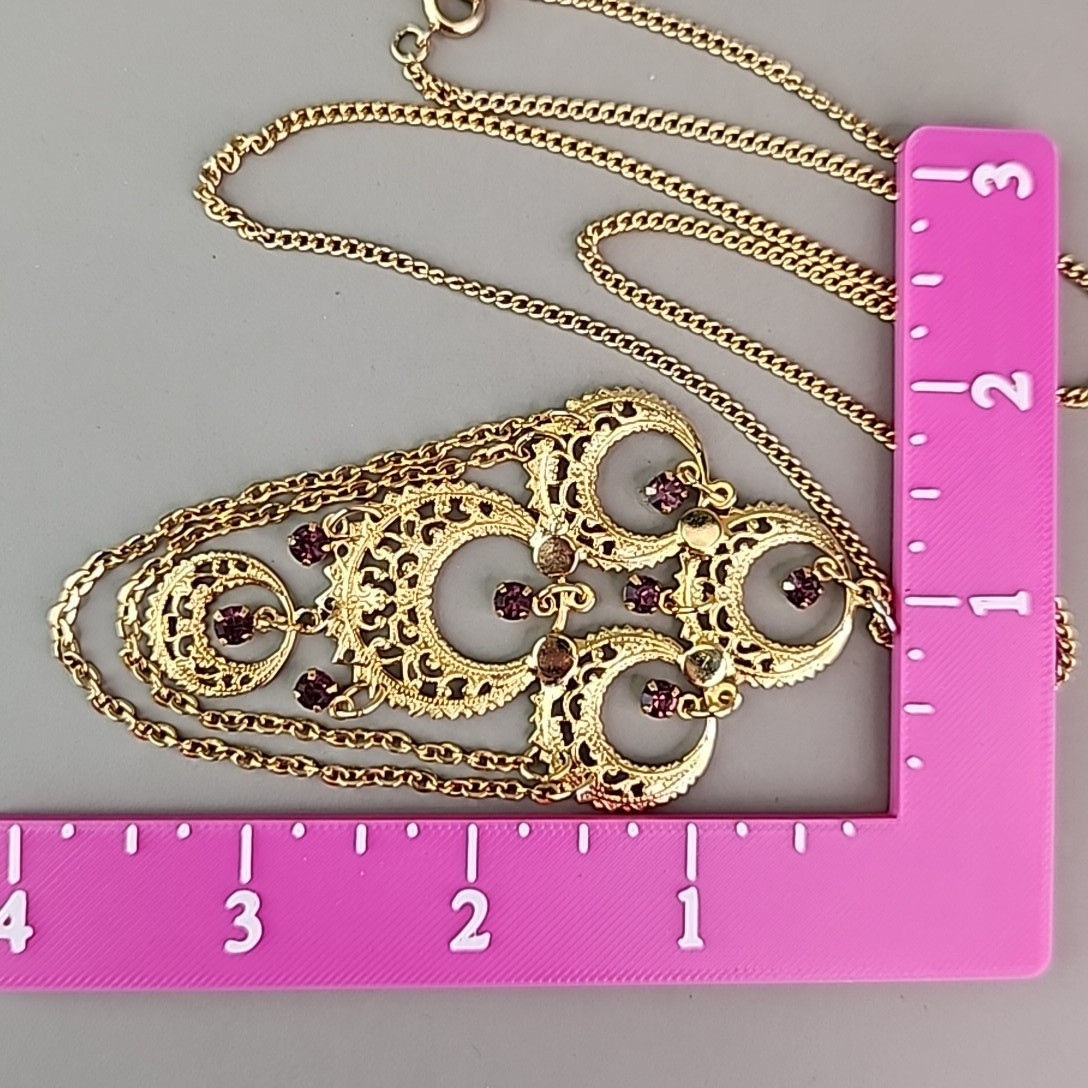 Vintage Chandelier Necklace Purple Rhinestone Gold Tone Filigree Lightweight 24″