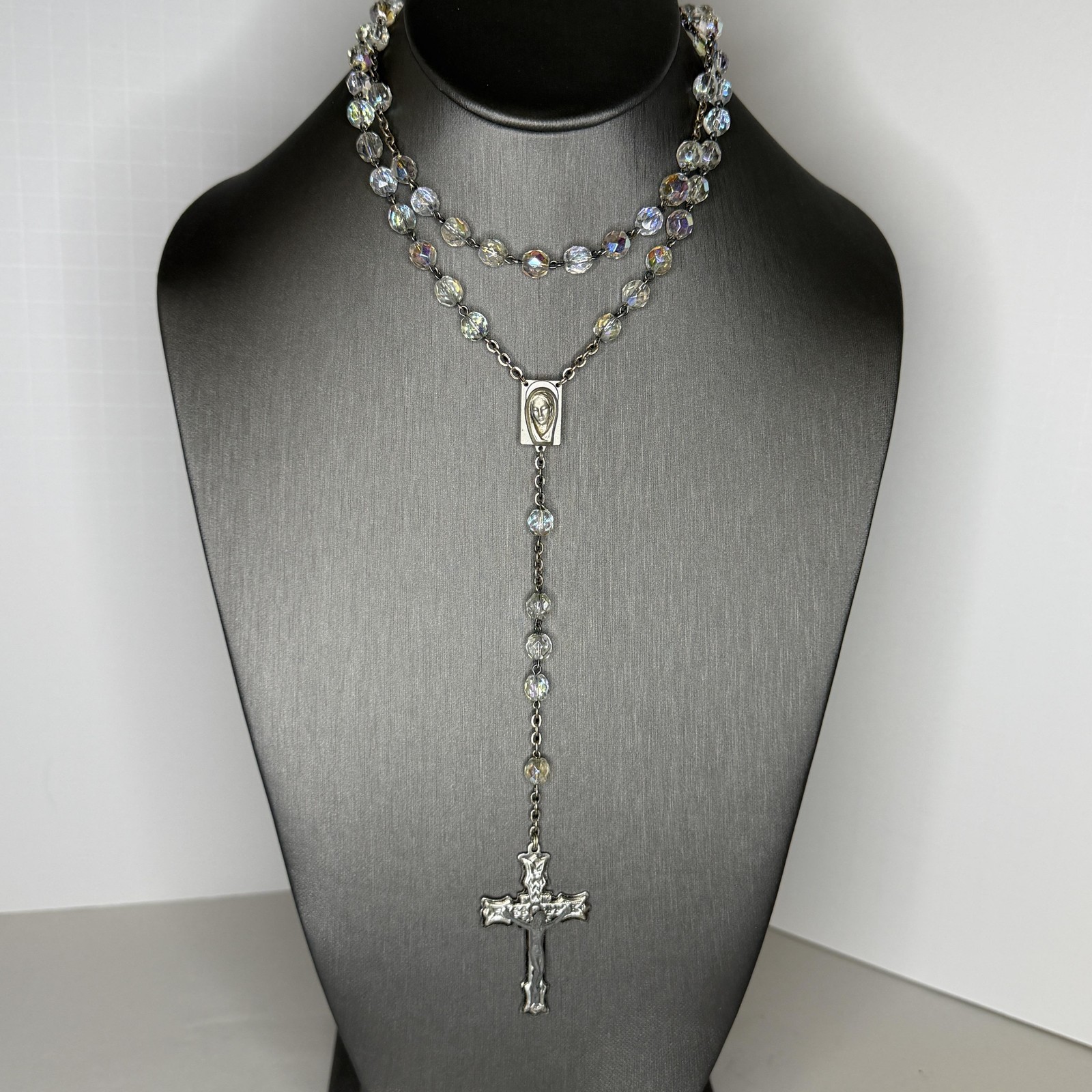 Vintage Clear Crystal Beaded Rosary Necklace Y Drop Cross Roma Italy 21in