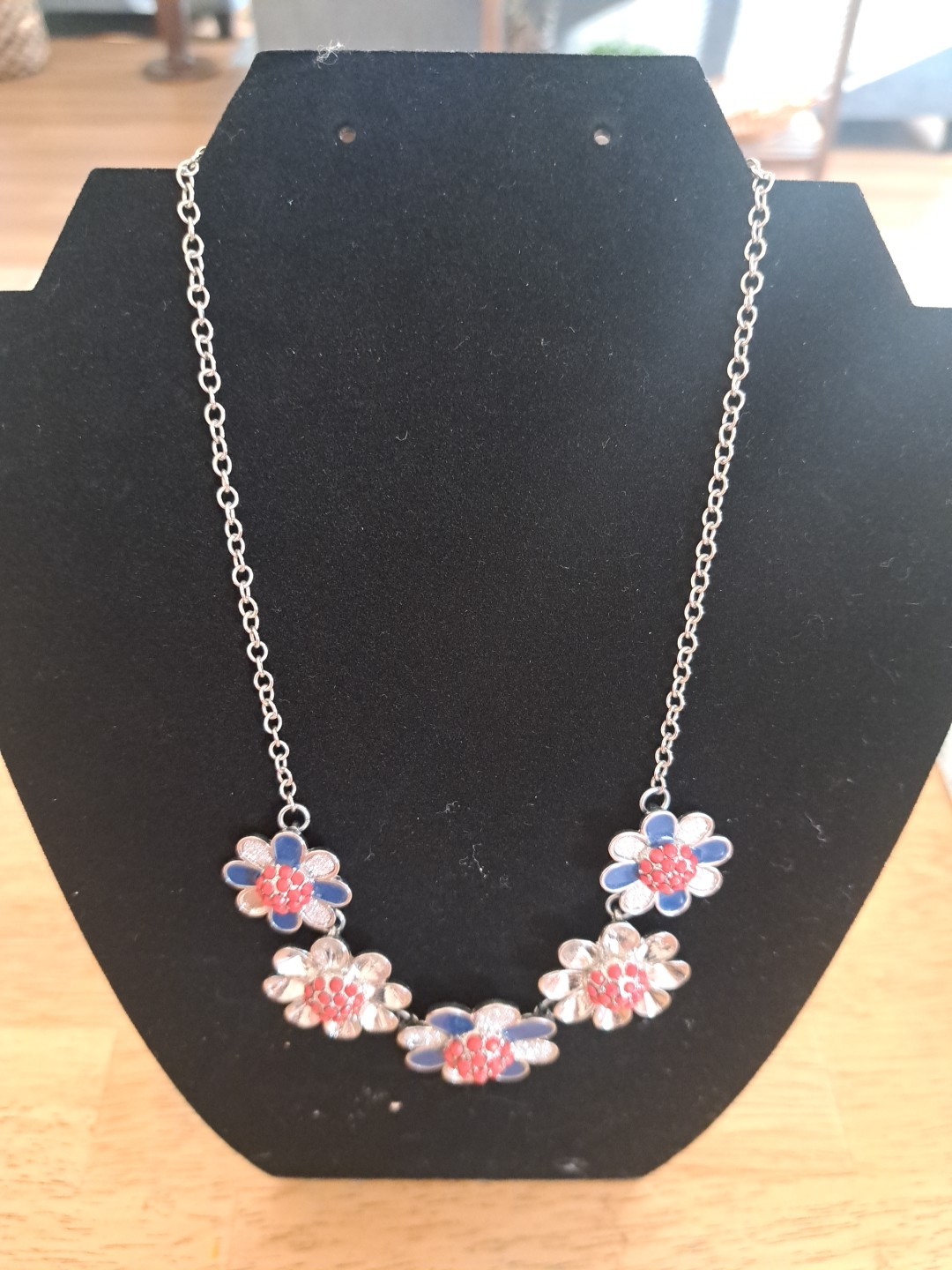 Silver Red & Blue Tones Floral Statement Necklace