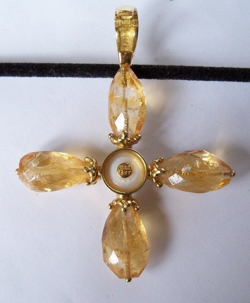 Vintage Mazza MAZ 18k Gold Citrine Pearl Cross Pendant Large Signed 21.4g
