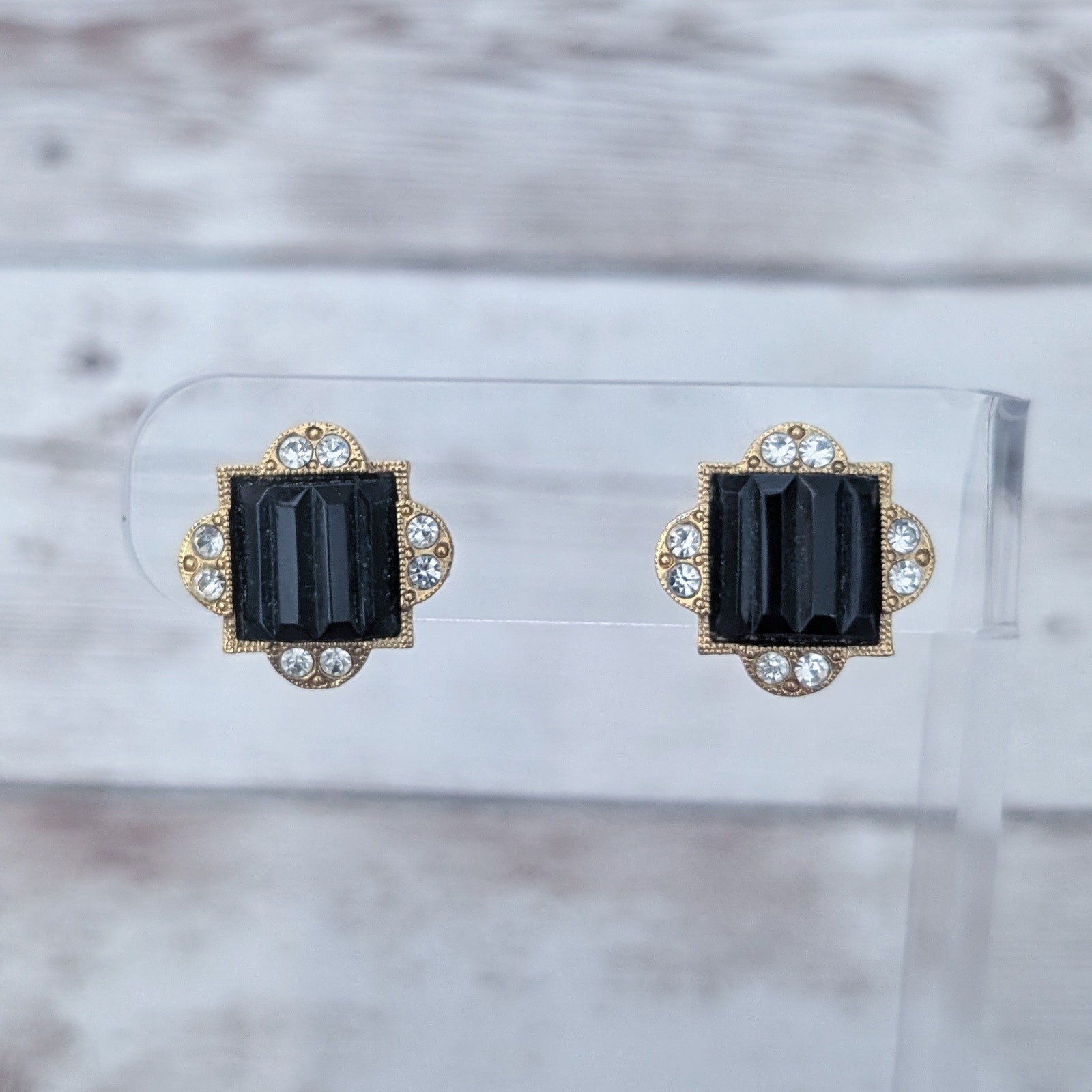 Vintage Earrings for Pierced Ears Dainty Black, Clear Gem, Gold Tone