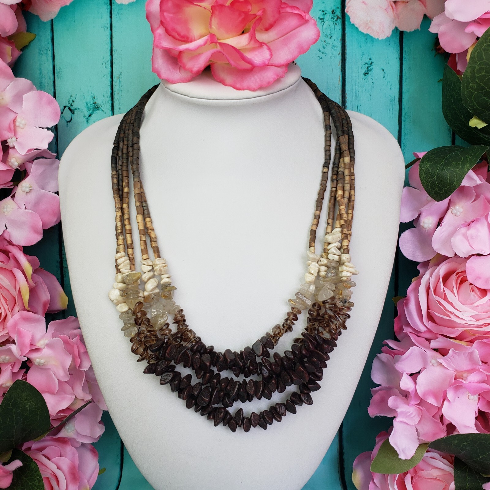 COLDWATER CREEK Quartz Stone & Wood Beaded Multi Strand Necklace Brown Boho