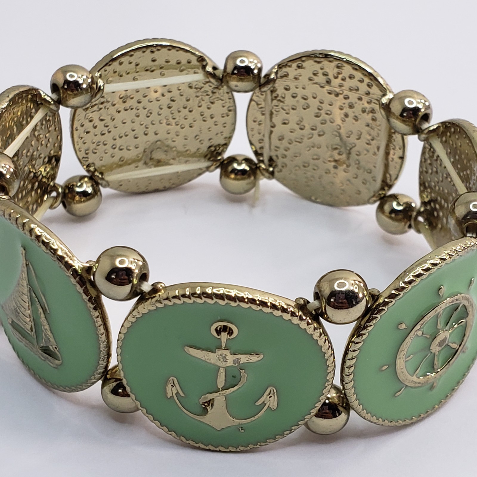 Vintage-style nautical themed Stretch Bracelet mint green enamel finish Goldtone