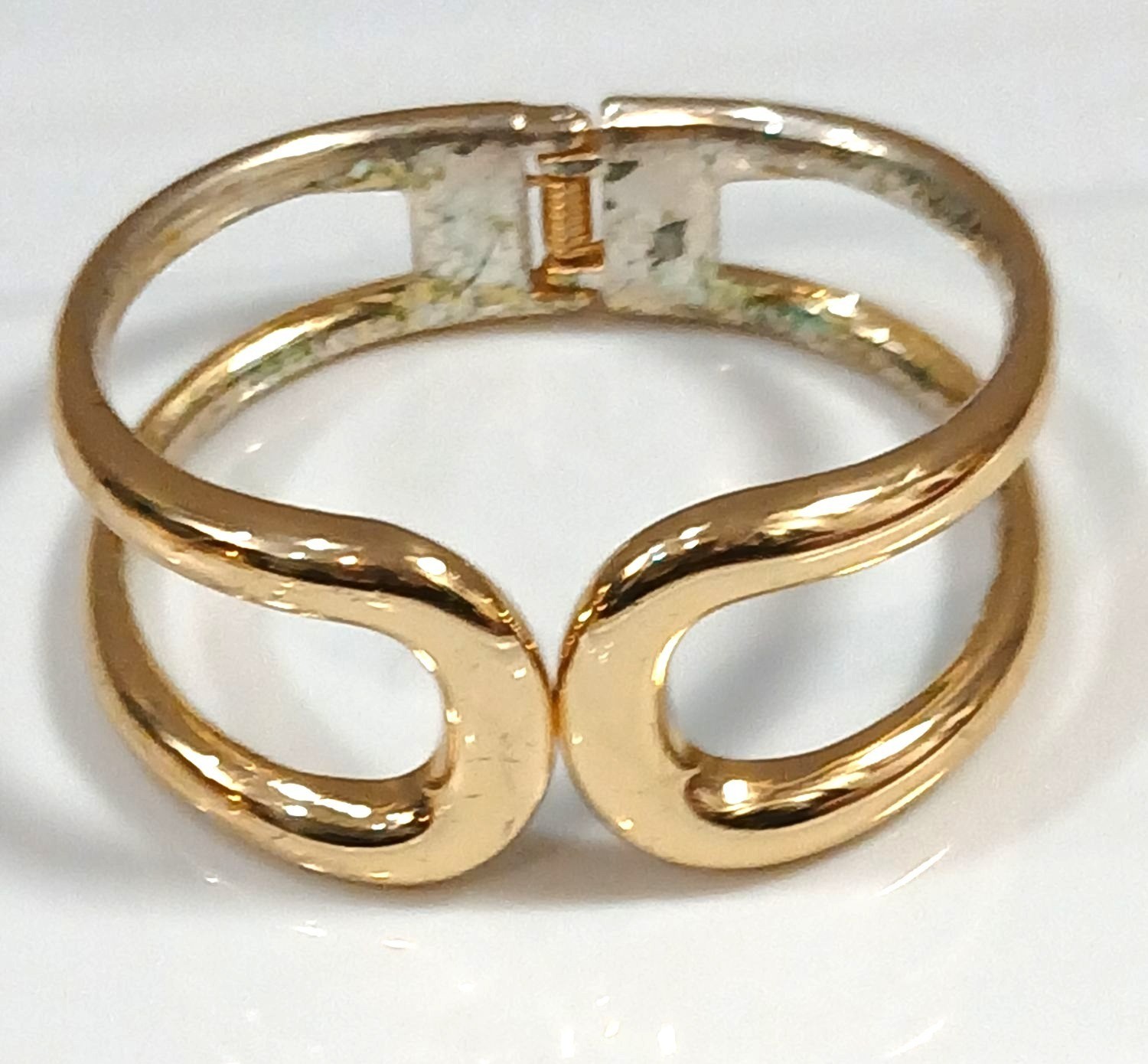 Vintage Gold-Tone Open Cuff Bracelet With Abstract Design & Hinged Closure
