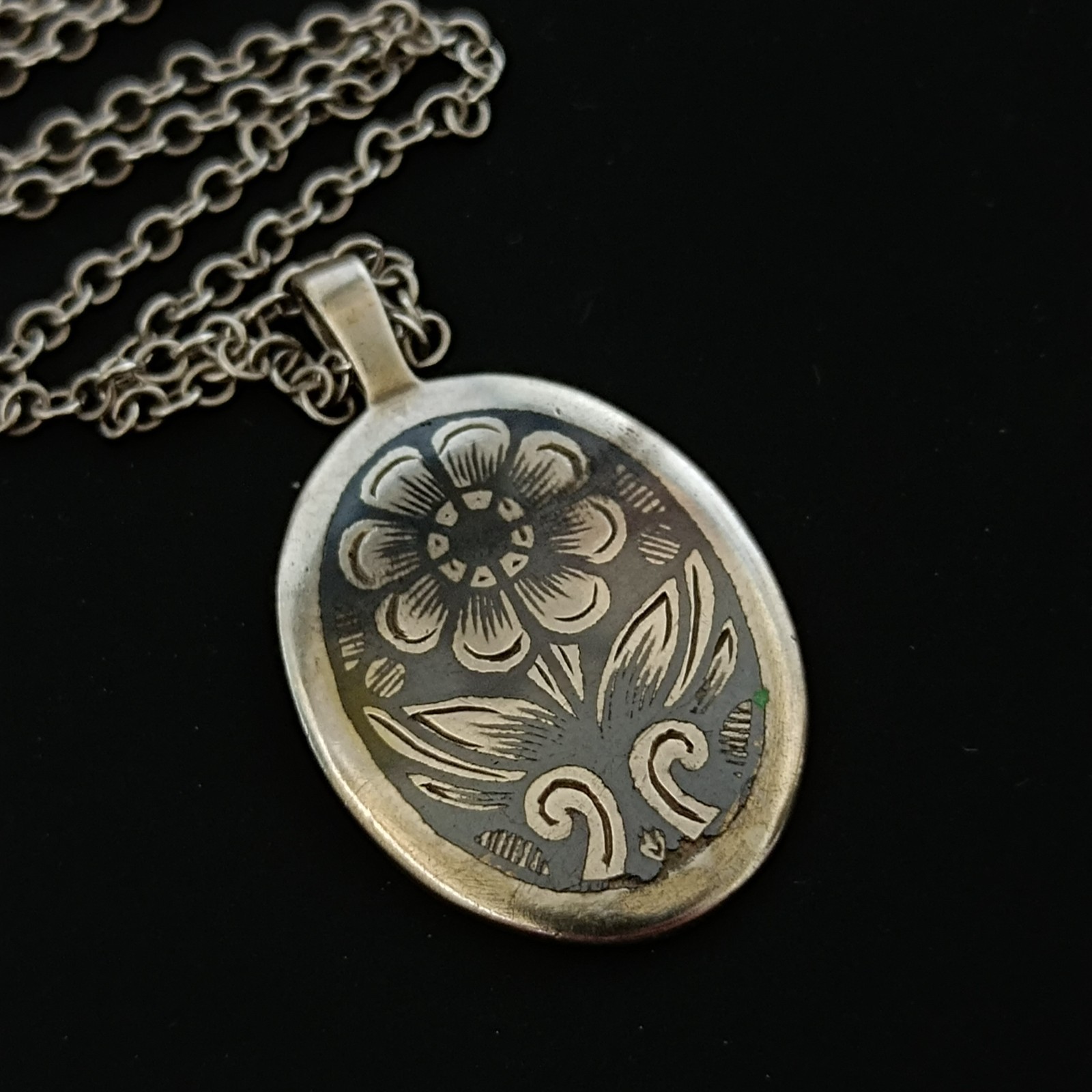 Russian Niello Necklace Silver 875 Floral Oval Traditional Pendant Vintage Long