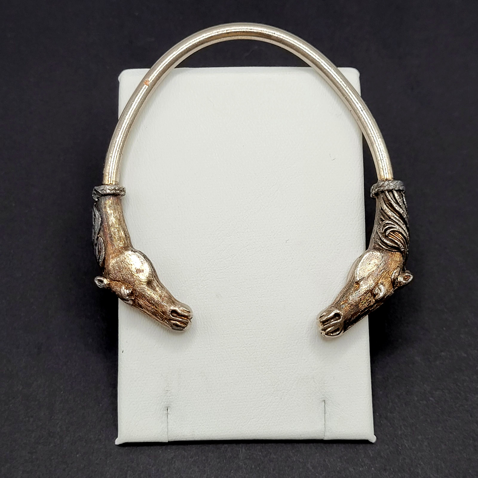 Double Horse Head Pewter Plated Copper w Patina Vintage 70s Torque Cuff Bracelet
