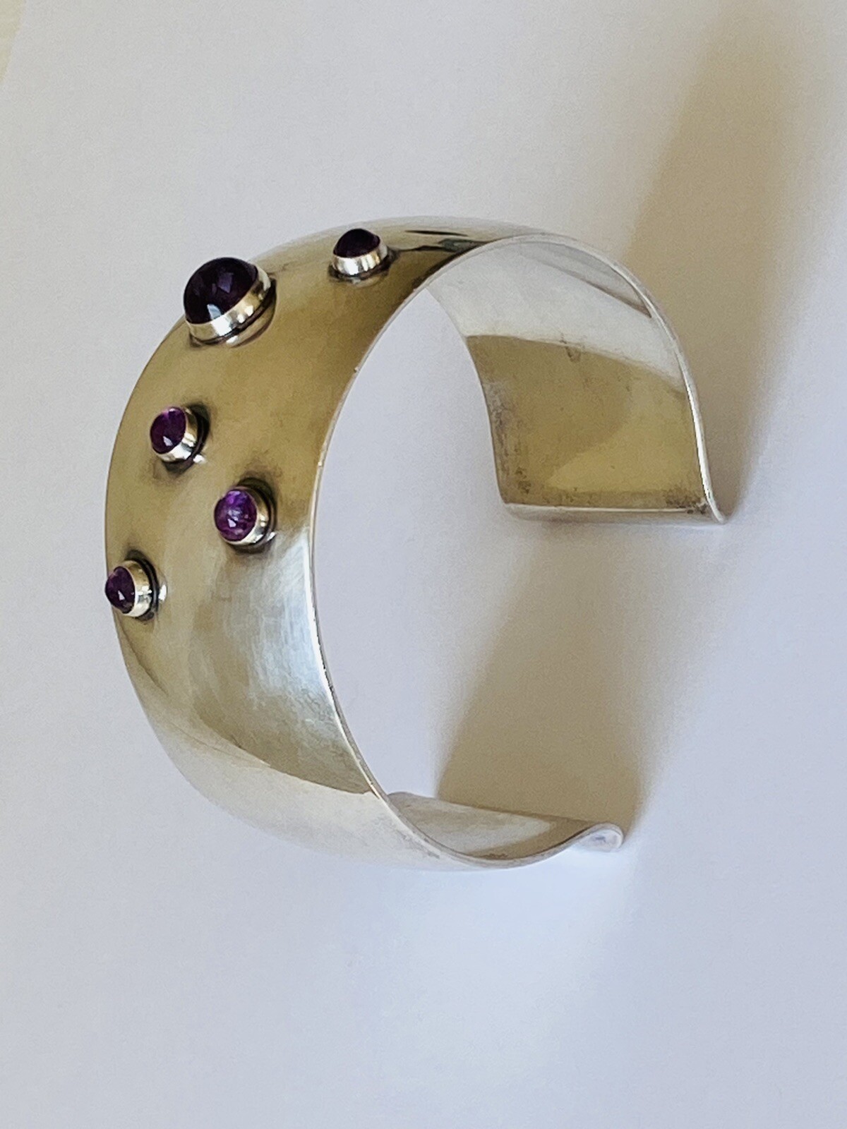 Heavy Vintage N E FROM Denmark Sterling Silver Amethyst Modernist Cuff Bracelet