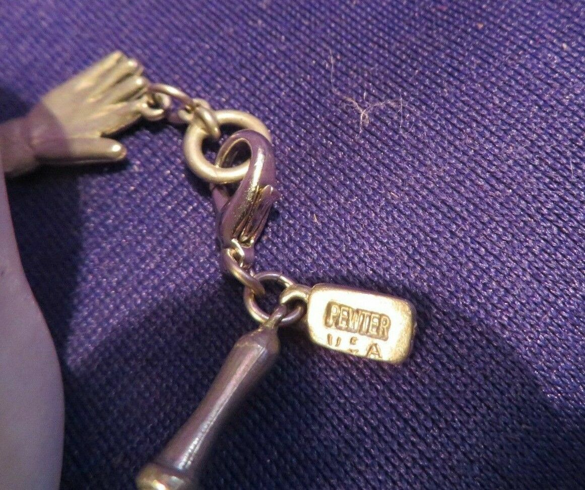 Vintage 7″ Signed JIM CLIFT PEWTER Link Bracelet w GARDENING Charms CUTE