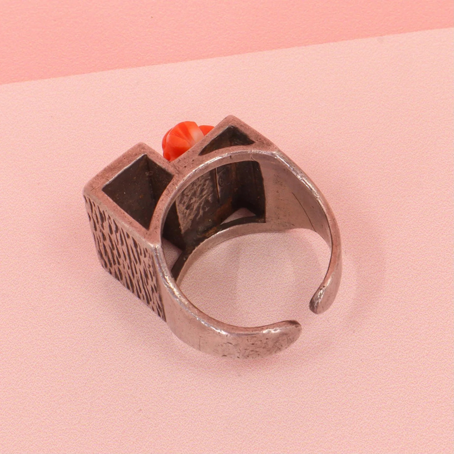 By Danilova, Japanese Satsuma Momo Coral 1.3cm Cameo, Silver Enamel Ring, Size L