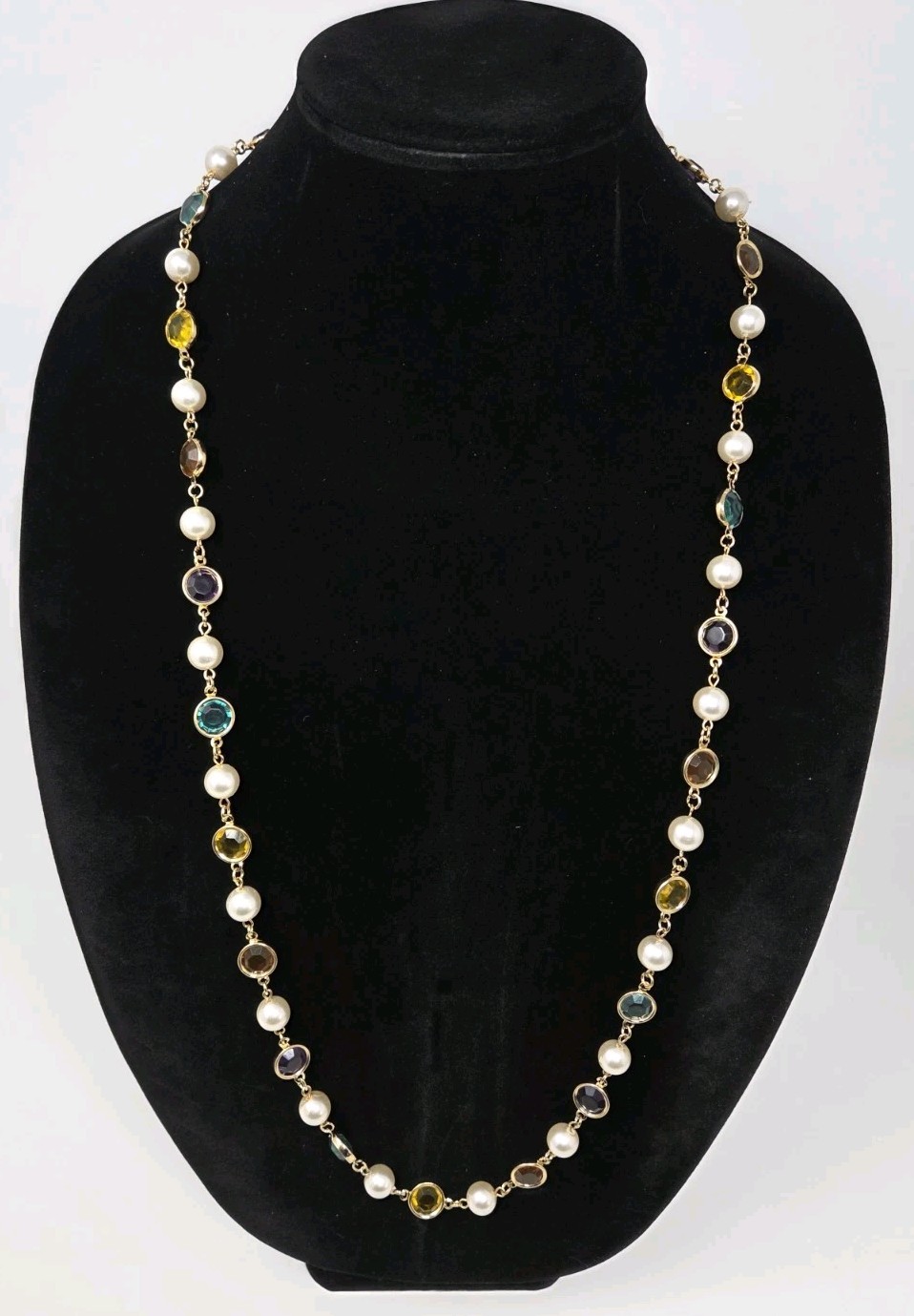 Faux Pearl & Multicolor Bezel Set Acrylic Crystal Necklace 35 Inches Vintage