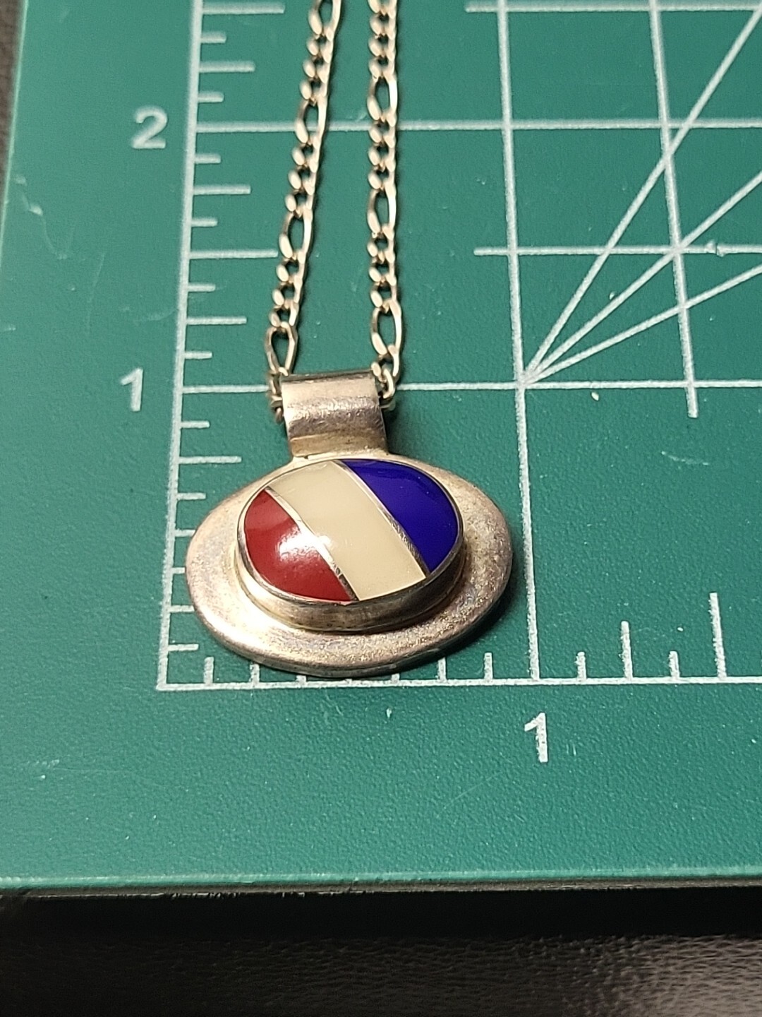 Vintage Sterling Silver Pendant Multiple Gem Inlay Design Red White And Blue