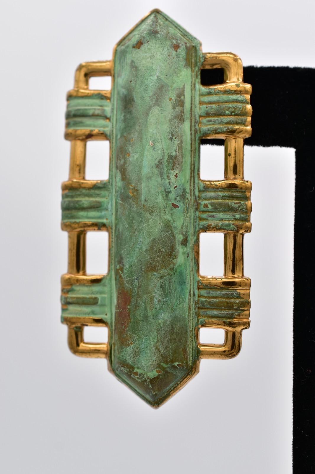 Vintage Brutalist Art Deco Verdigris Patina Gold Tone Drop Earrings 1970s BinAV
