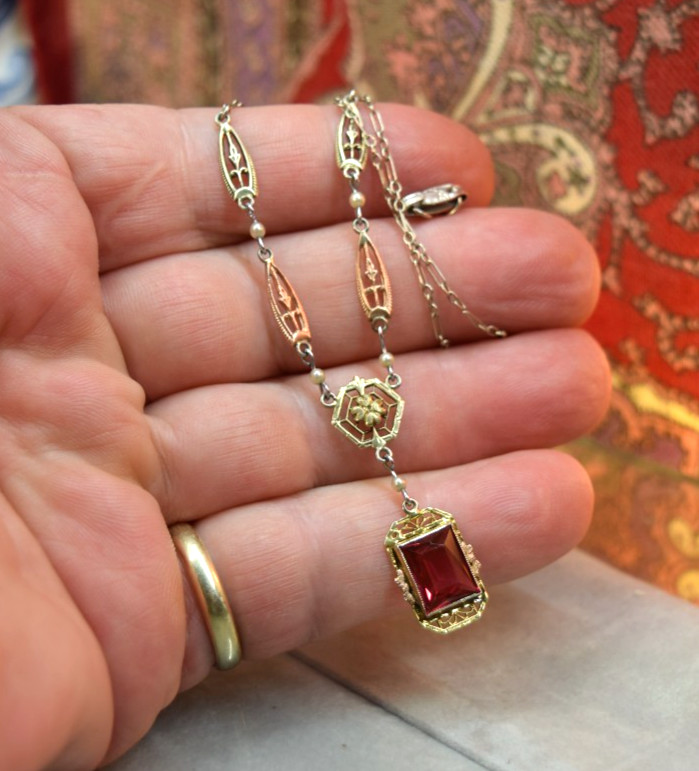 Antique Deco 10K Rose White Yellow Gold Red Ruby Glass necklace 17″