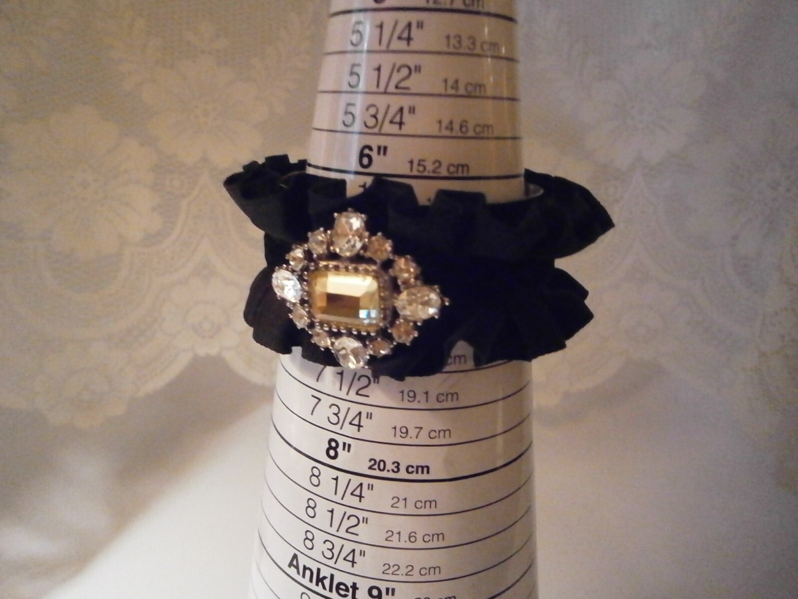 Vintage Yellow White Rhinestone Black Velvet & Satin Ruffle Cuff Bracelet