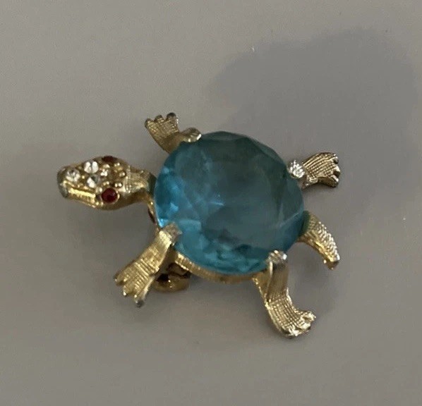 Vintage Figural Blue Glass Turtle Pin/Brooch-1-1/2”
