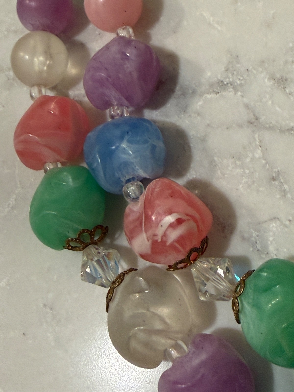 Vintage 2 strand chunky necklace statement acrylic and AB stones marbled Spring