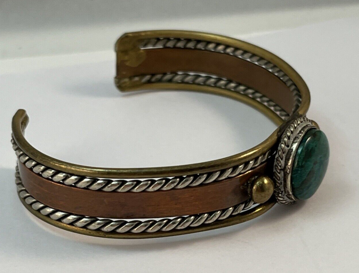 Copper Brass Silver Mixed Metals Green Malachite Cuff Bracelet Rustic READ