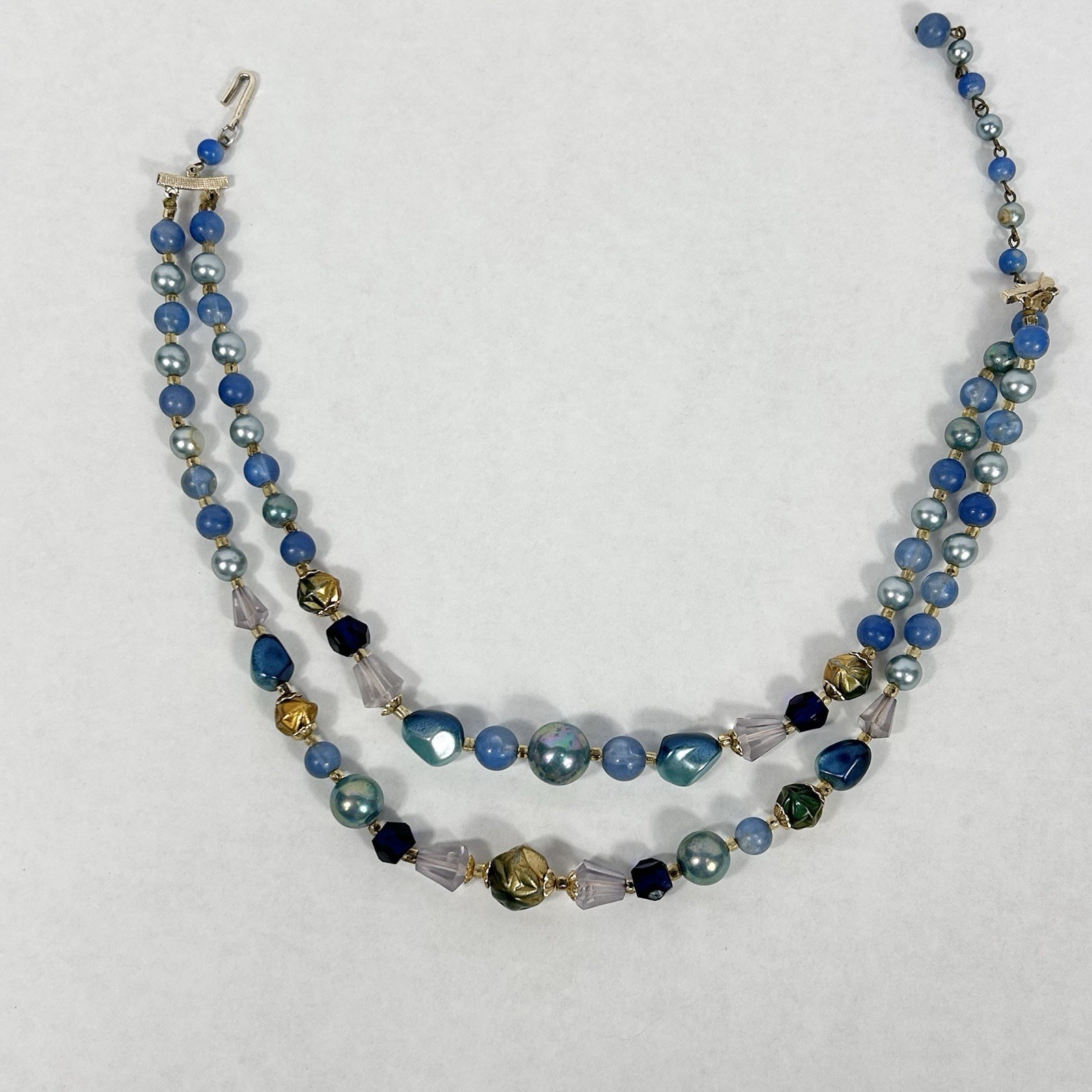 Vintage JAPAN Double Strand Blue Bead Necklace 17.5” Faux Pearl Acrylic Glass
