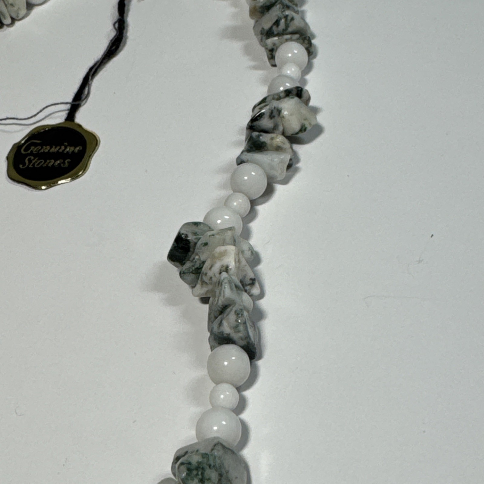 Moss Agate & White Bead Necklace Sterling Silver Clasp W/ Tag 17” Very Pretty
