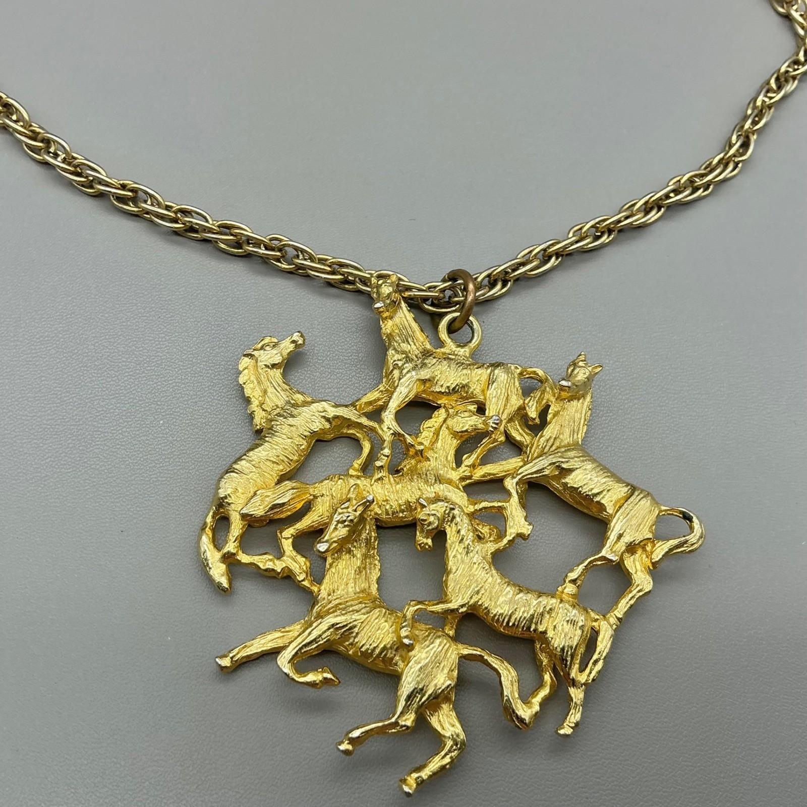 Vintage Necklace Equestrian Running Wild Horses Gold Tone Pendant Statement