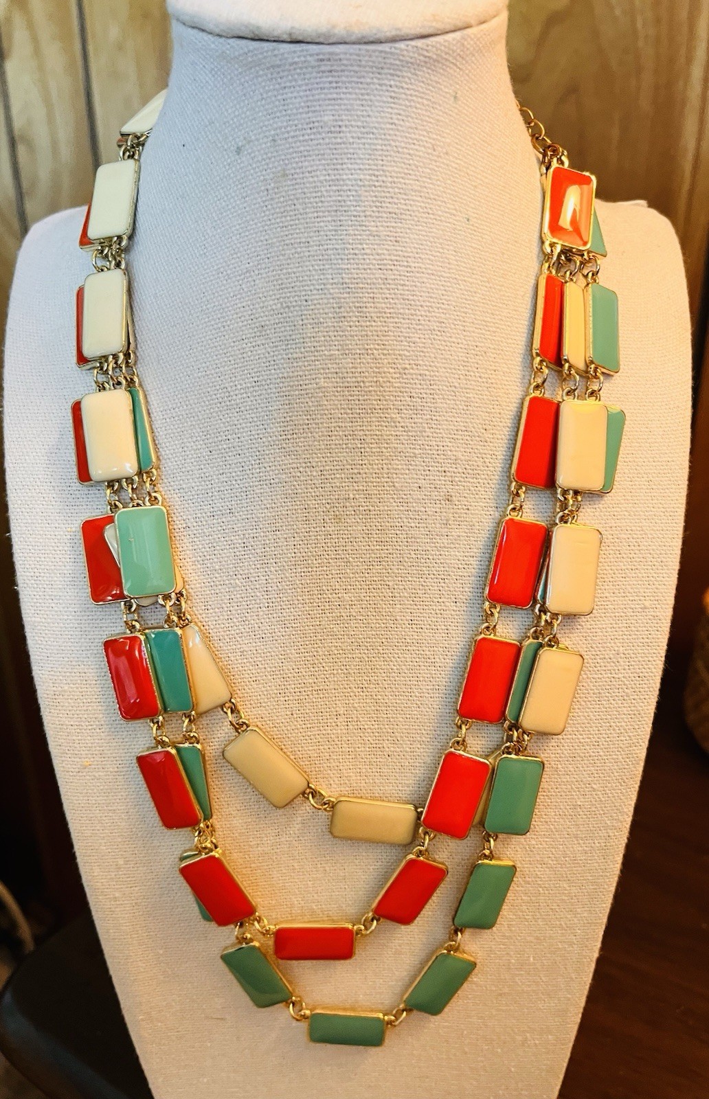 VTG Mod Geometric Enamel Panel Necklace Turquoise Coral Cream Gold Tone