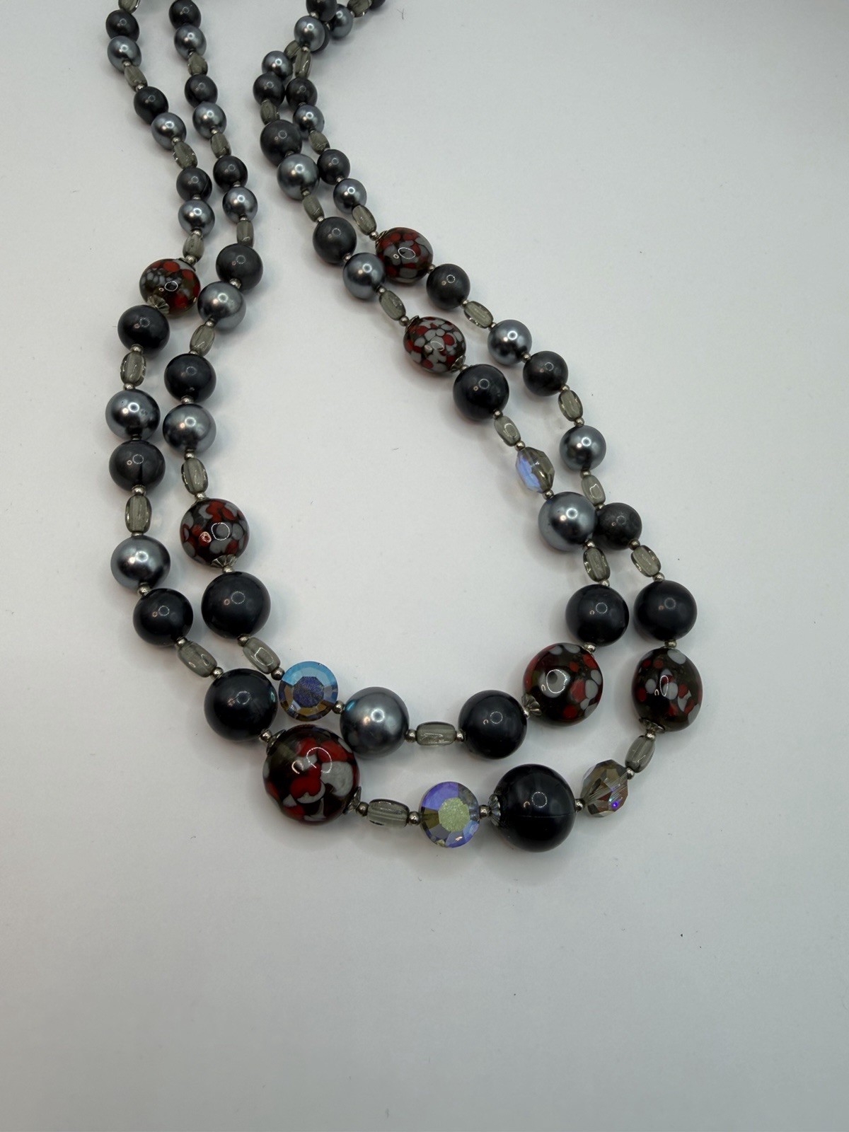 Vintage Art Glass & Faux Pearl Two Strand Necklace & Earrings Gray Black Red AB