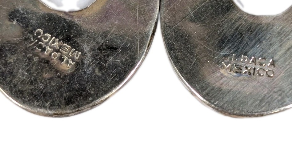 Vintage Alpaca Mexico black earrings with mother of pearl and abalone flowers