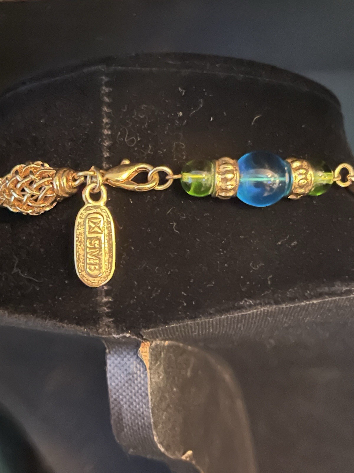 Sandra Miller Burrows(SMB) Gold-tone Filigree Necklace with Blue and Green Beads