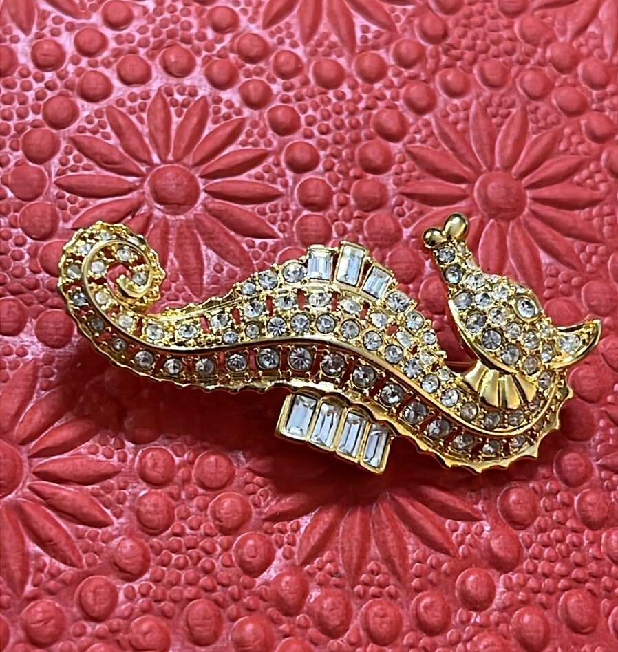 Nolan Miller Goldtone Seahorse Brooch Clear Round And Emerald Cut Rhinestones