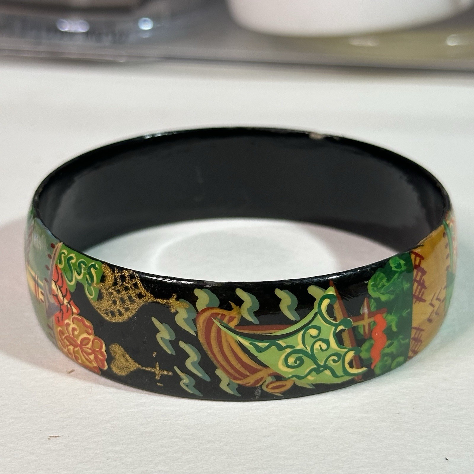 Vintage Hand Painted Russian Lacquer Bangle Bracelet Buildings