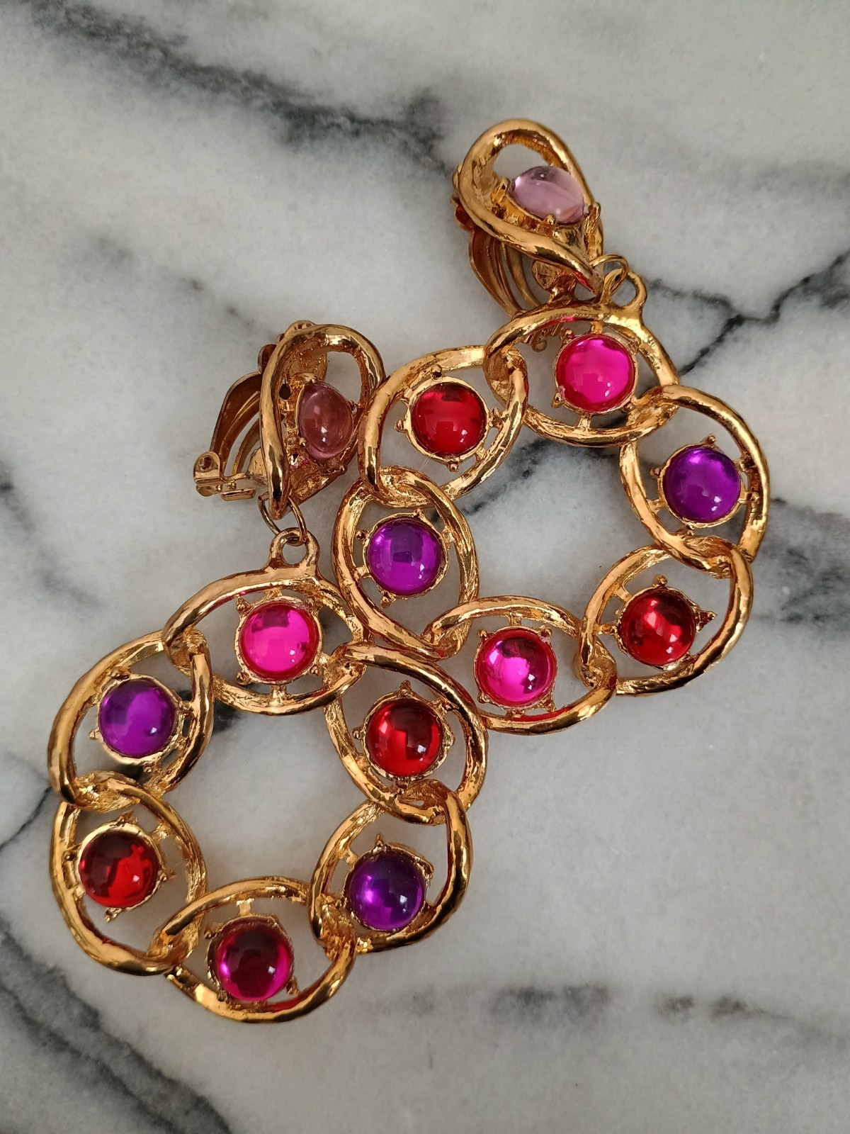 Vintage 90s St. John Earrings Signed Chunky Gold Pinks Purples Reds Cabochon