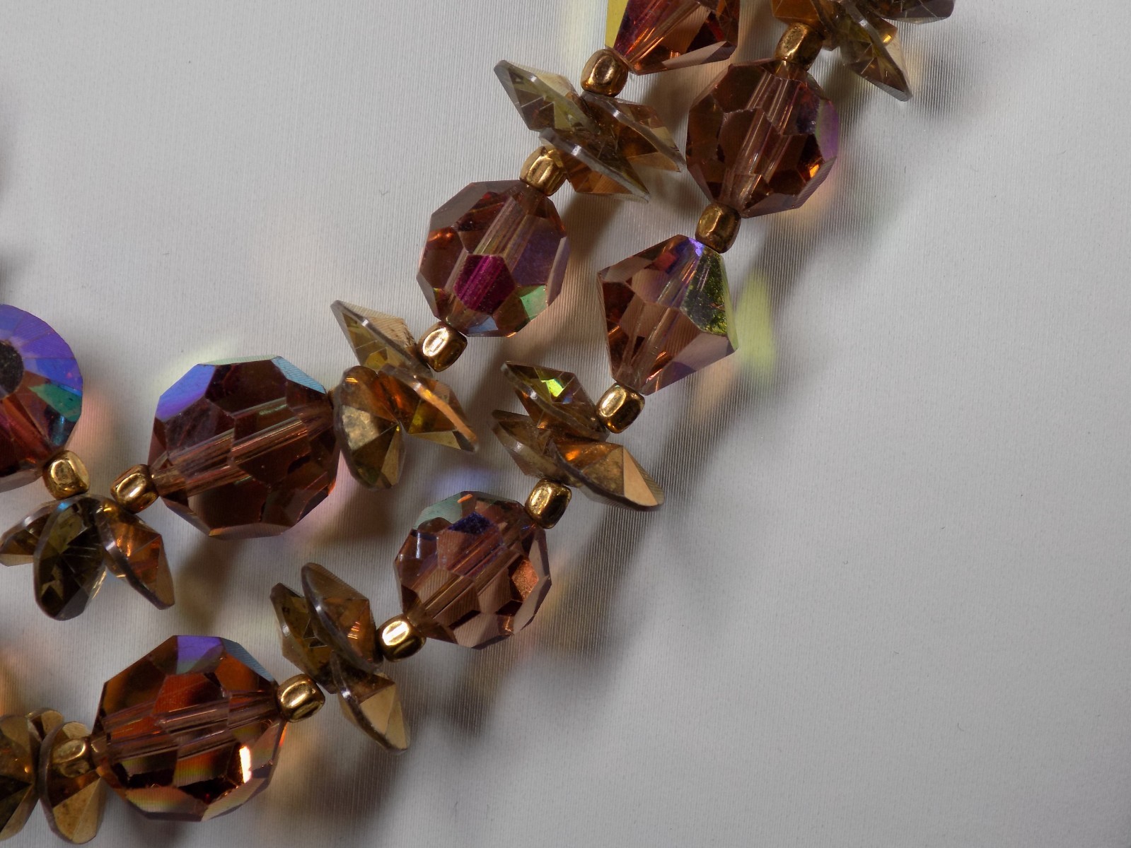 Vintage Crystal Necklace Golden Smoky AB Aurora Borealis Beads 2 Rows 16″ +1.5″