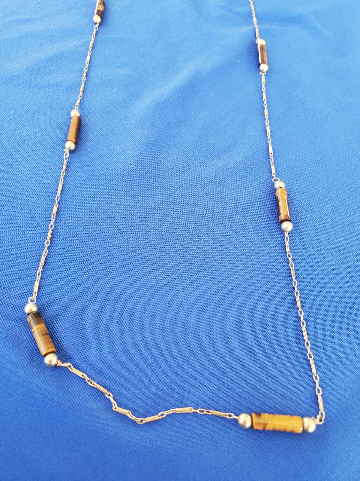 Vintage 14K GOLD Art Deco Tiger eye Statement Necklace Unique Antique Chain 28″