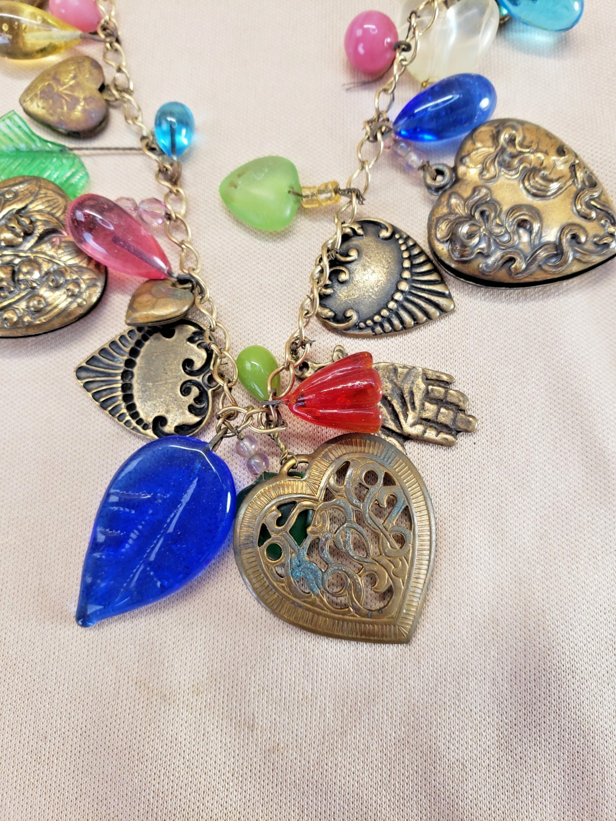 Vintage Ornate Hearts and Glass Charms Necklace Glass Works Studio Style AS IS