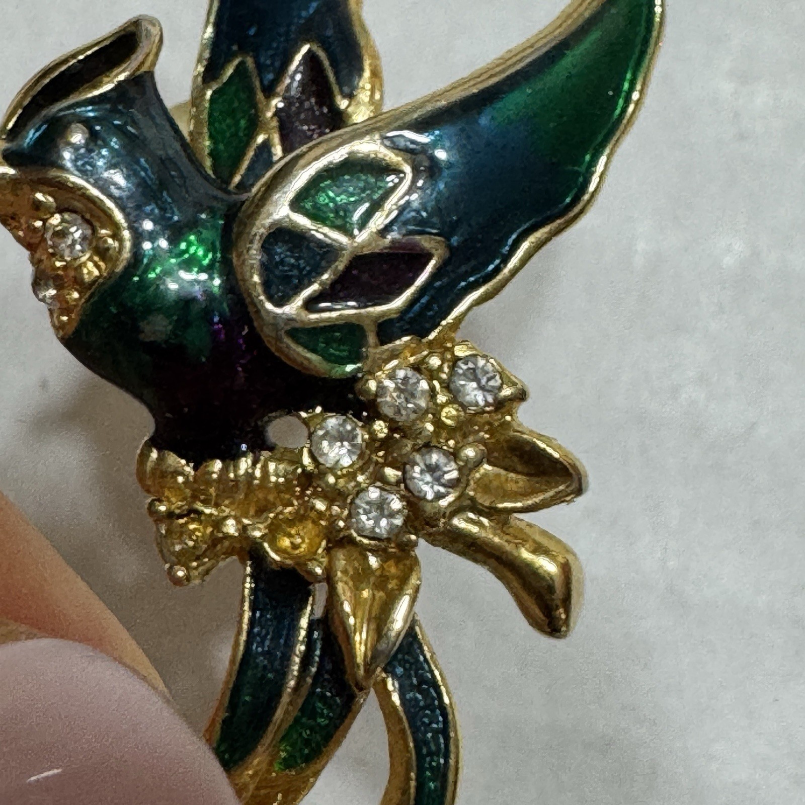 Vtg Enamel Hummingbird Pireced earrings Rhinestone Blue Green Large Stud Vivid