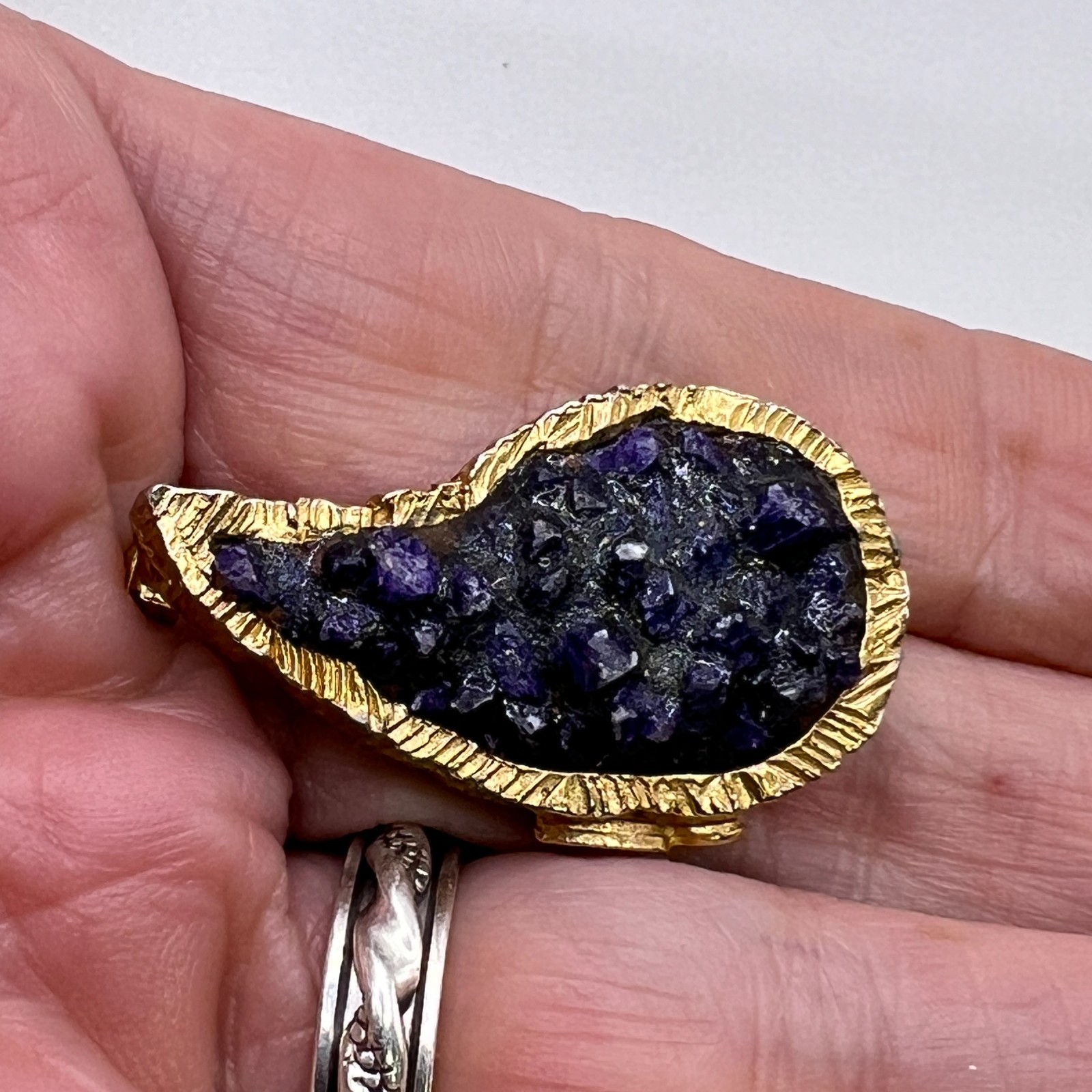 Signed Lester JOY Plique a Jour Purple Paisley BROOCH Gold Tone Costume Jewelry