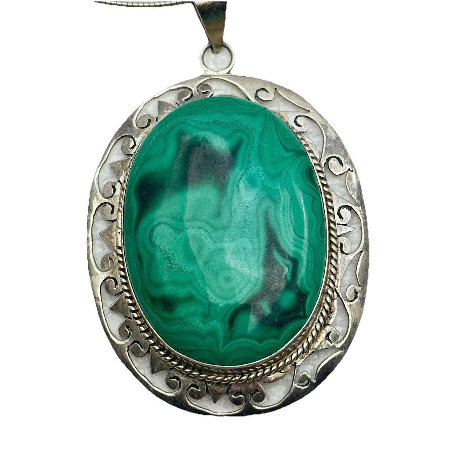 Sterling Silver & Malachite Statement Artisan Pendant Chain Necklace Handmade
