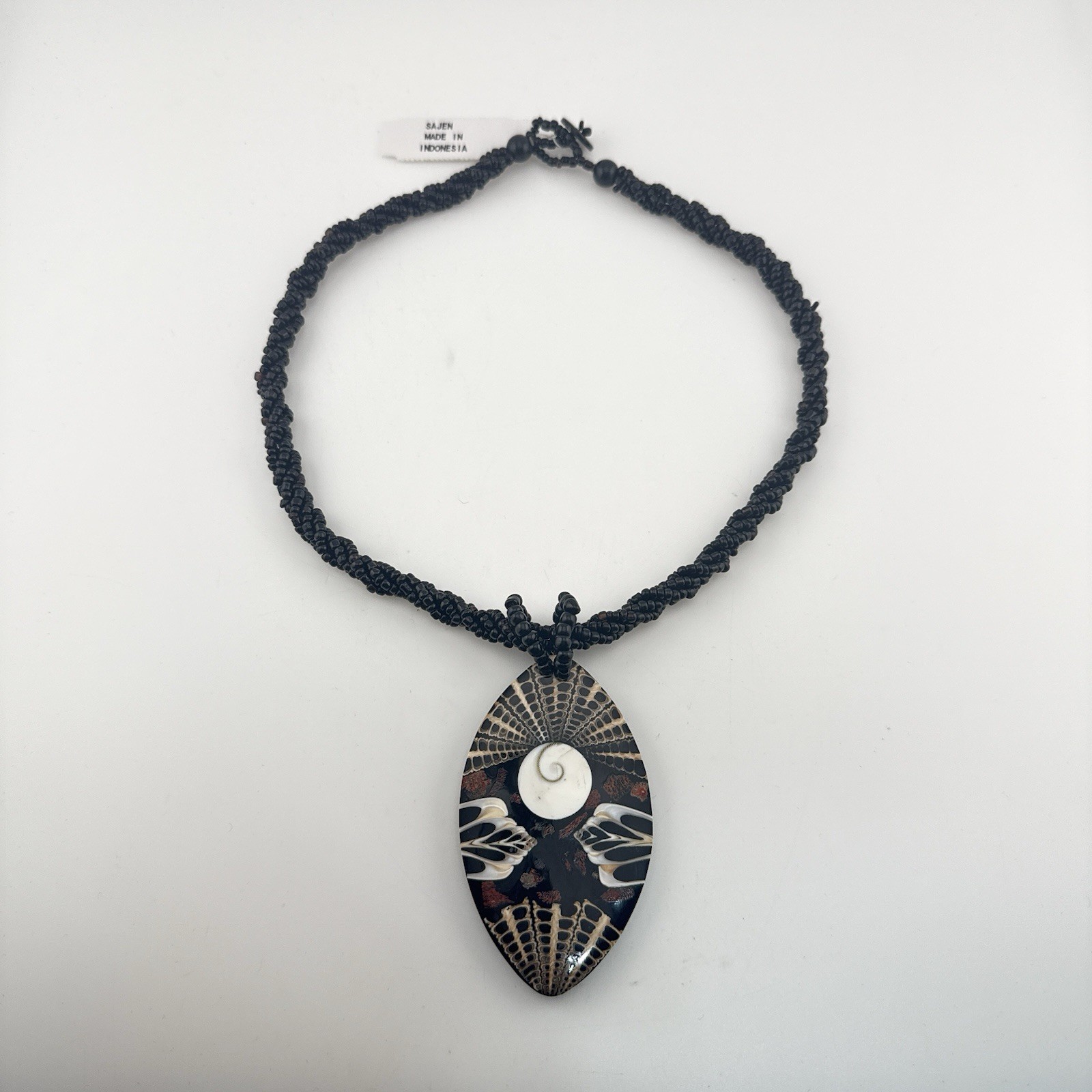 Sajen Necklace Onyx Inlay Beaded Shell Artisan Pendant Oval Black Artsy Tribal