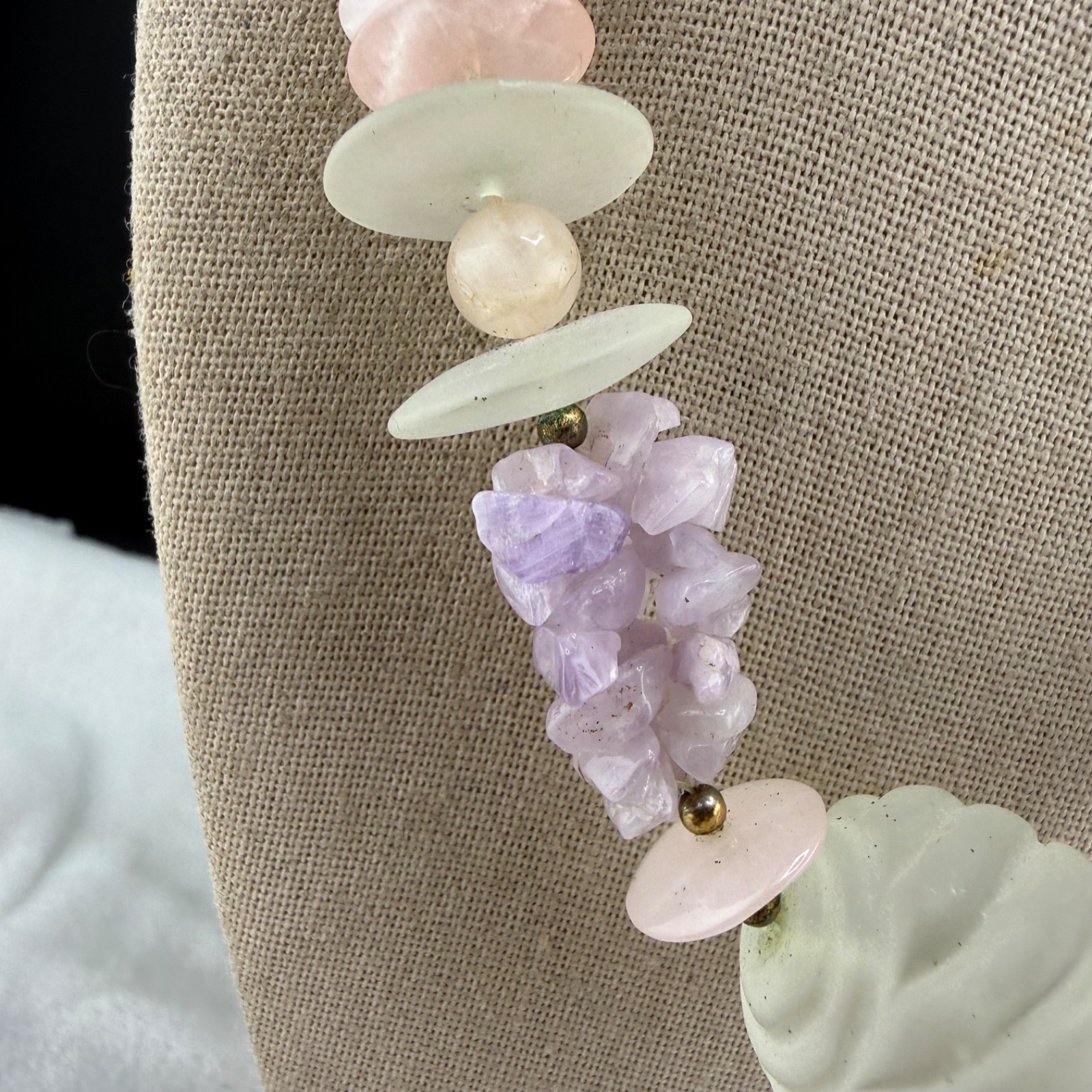 Vintage Polished Stone Beaded Necklace White Pink Purple Pastel 18”