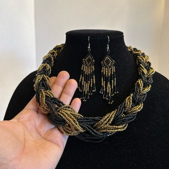 Vintage Multistrand Braided Chunky Beaded Statement Choker Necklace Earring Set