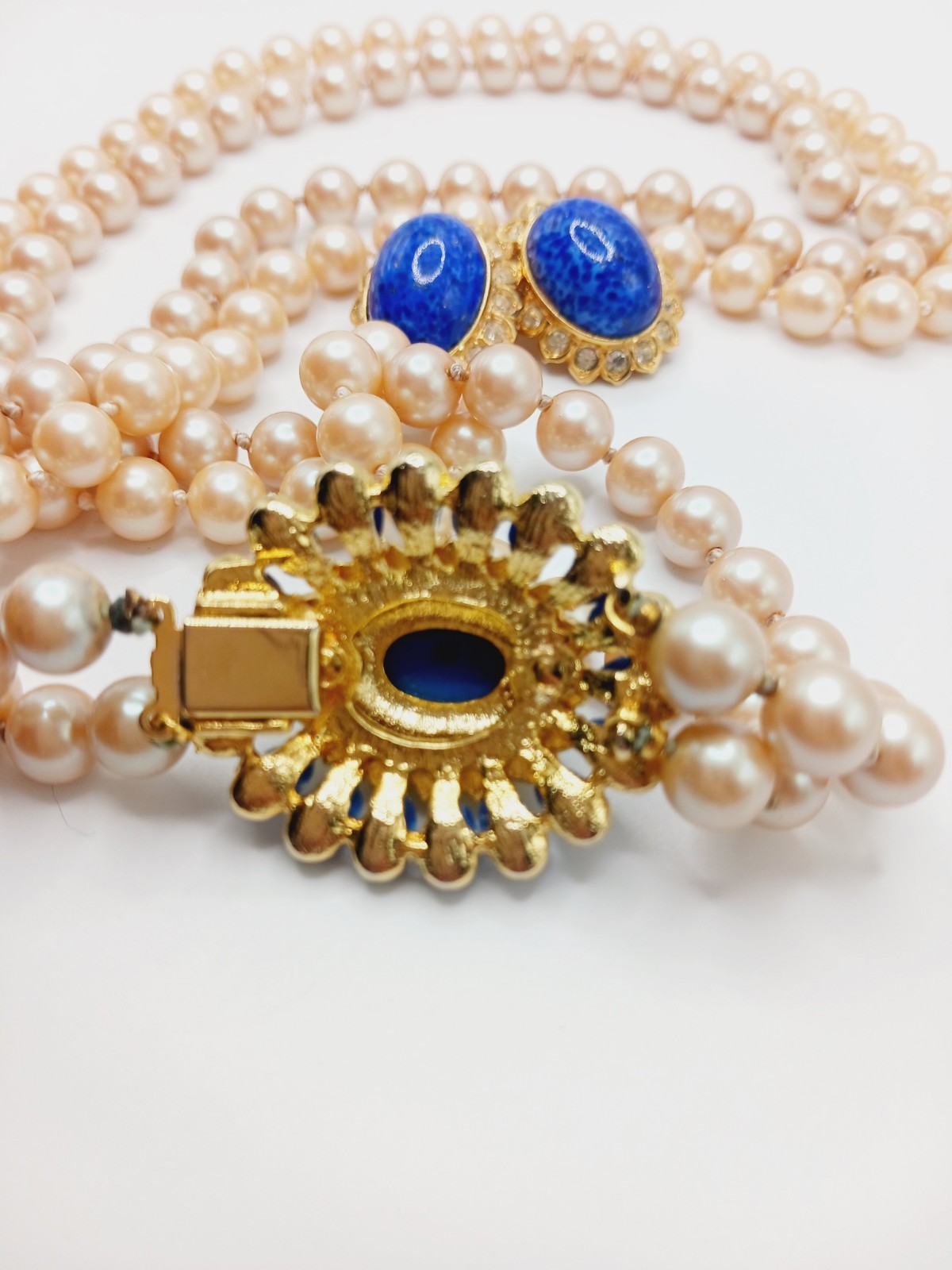 Vintage Set faux Lapis Lazuli mottled Glass Necklace pearl dome cabochon mogul