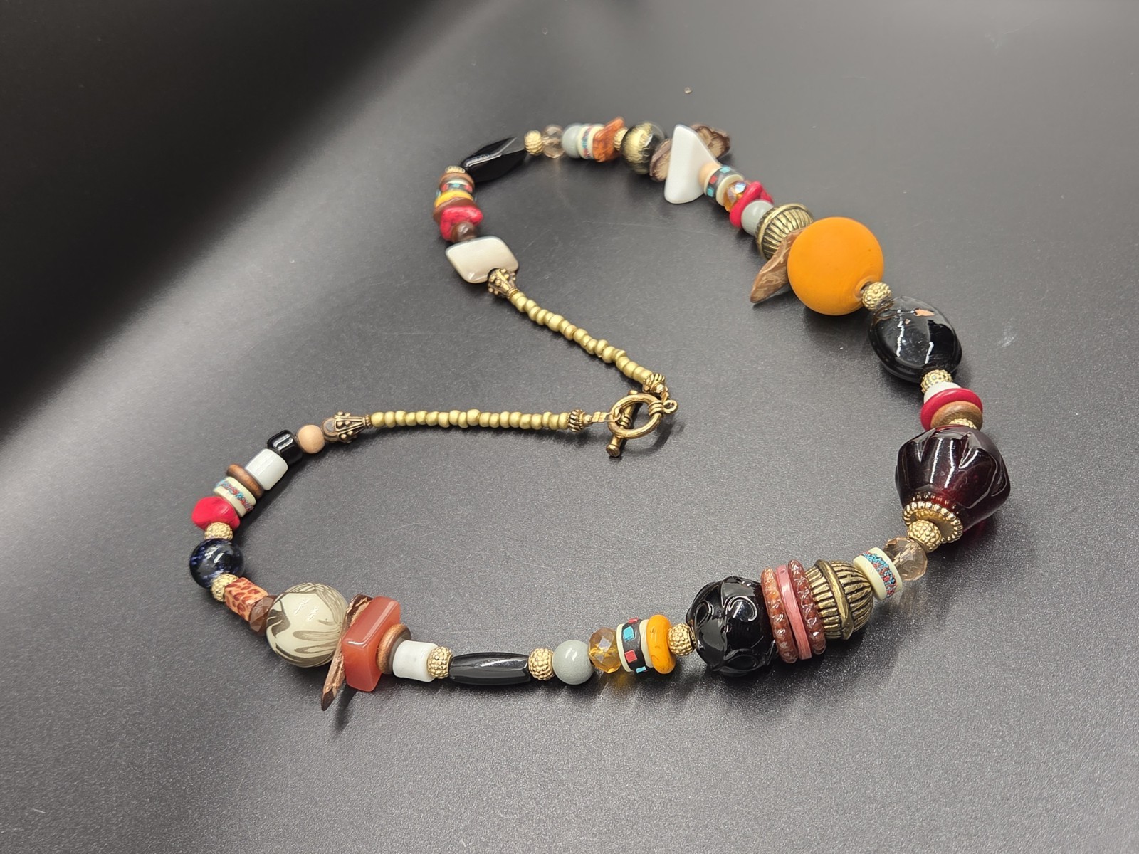VTG Boho Necklace Artisan Glass Ceramic Lucite Stone Wood Fun Festival Beads 28″