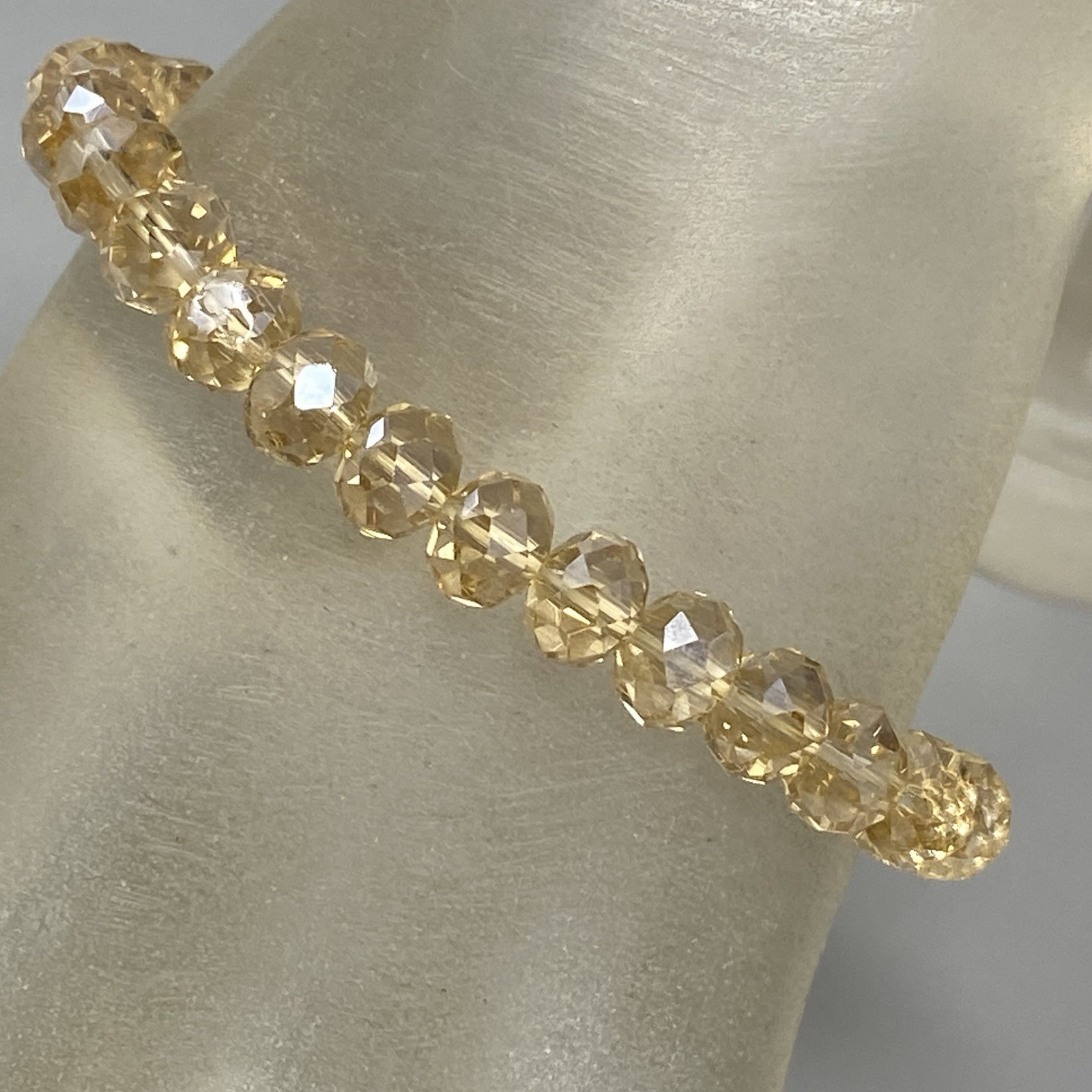 Glass Beaded Bracelet Champagne Faceted Fire Polished Stretch Iridescent 7″