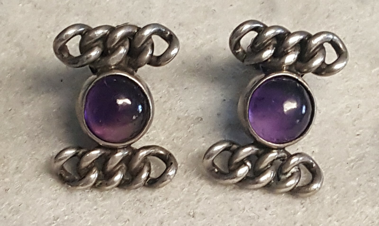 LOS CASTILLO TAXCO STERLING SILVER AMETHYST CABOCHON SCREW BACK EARRINGS