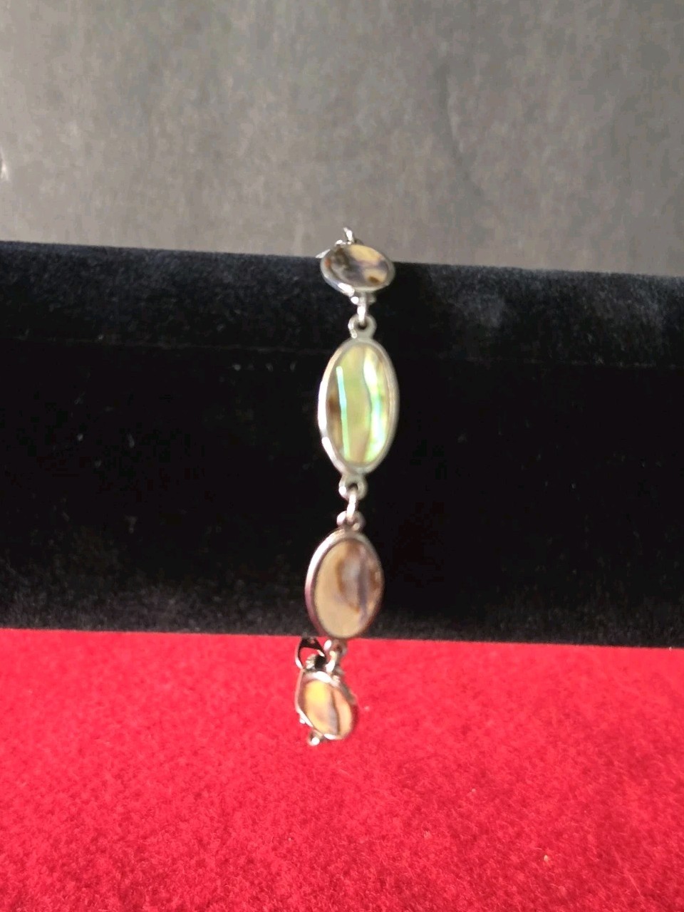 Vintage Abalone Shell Bracelet Oval Link Iridescent Paua Silver Tone