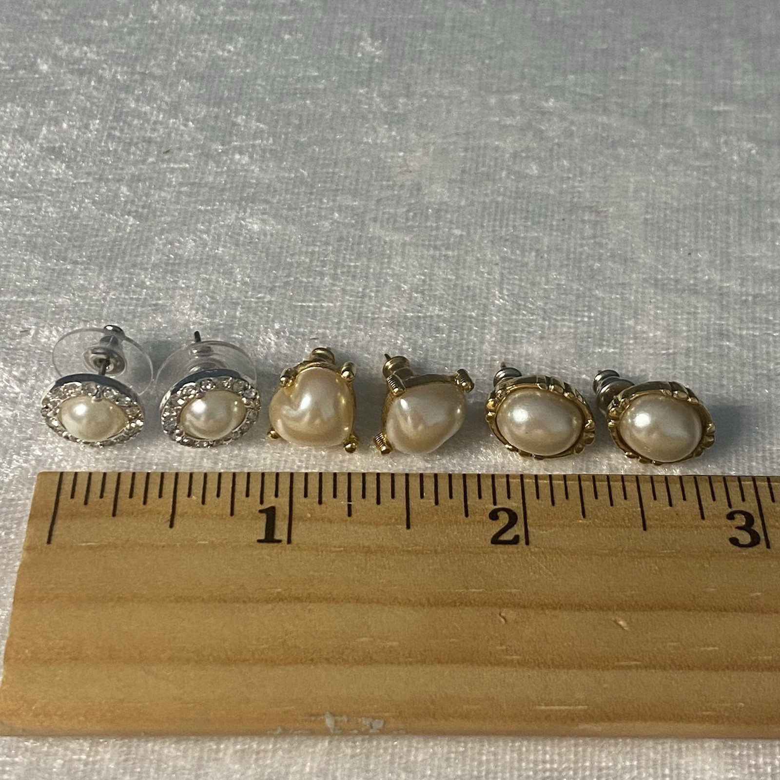 Estate Stud Earrings Faux Pearl Rhinestones Gold Tone Heart Round Oval