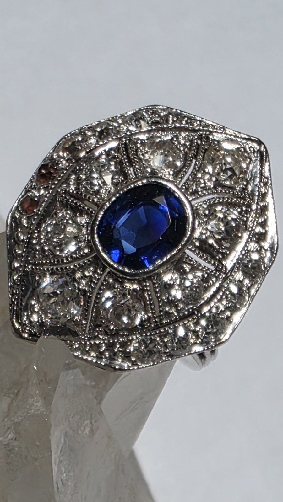 Antique Platinum Old European And Mine Cut Diamonds Blue Synthetic Sapphire Ring