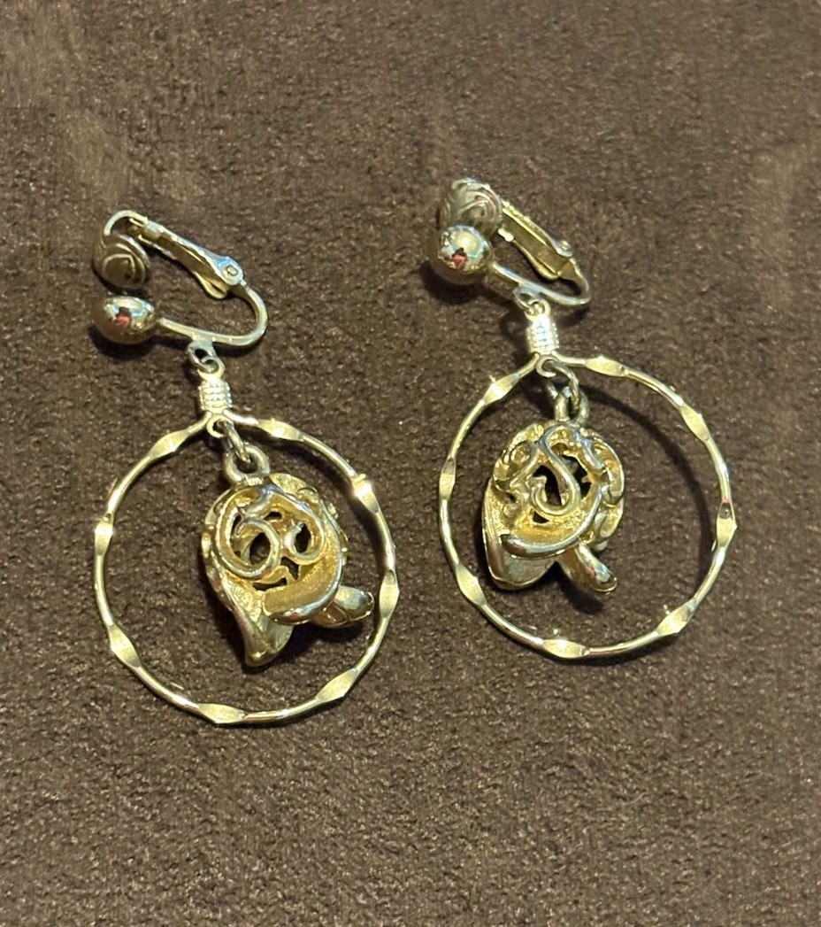 Vintage Sarah Coventry Golden Tulip Gold Tone Clip On Dangle Hoop Earrings